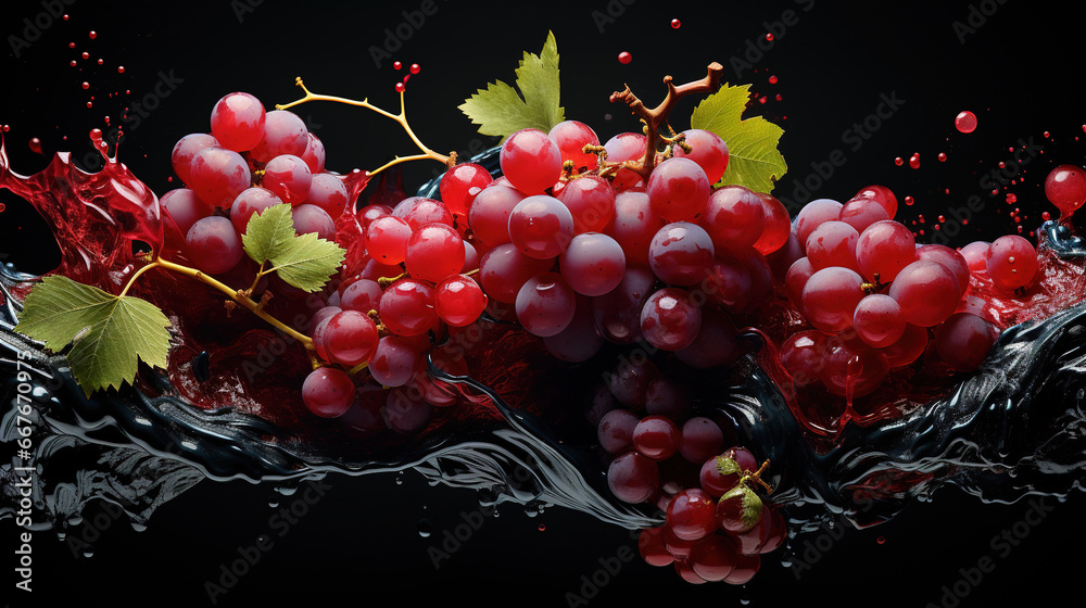 Water Splashing on Fresh Grapes Bunches On Dark Background with Copy Space Selective Focus