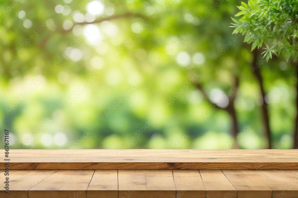 Empty wood table top and blurred view from green tree garden bokeh background. Product and food display Empty wood table top and blurred view from green tree garden bokeh background. Product and food display