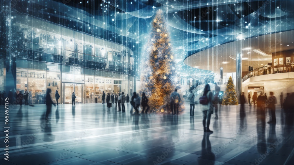 Shopping mall decorated for Christmas with motion blur customers
