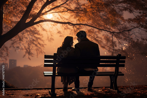 A couple sitting together on a park bench, lost in their own thoughts