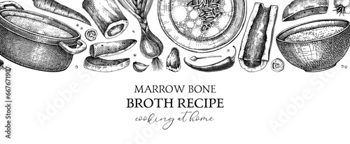 Healthy food background. Marrow bone broth banner. Hot soup on plates, pans, bowls, organ meat, vegetables, marrow bones sketches. Hand drawn vector illustrations. Homemade food ingredient