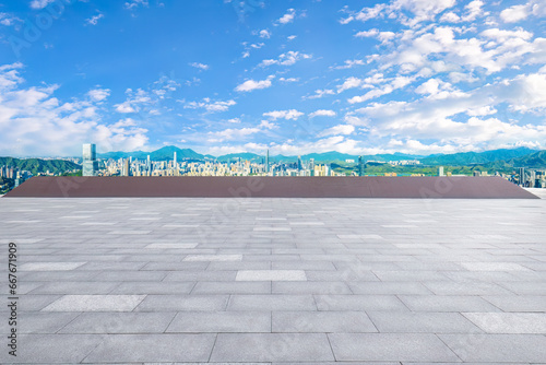 Brick floor and city skyline in Shenzhen