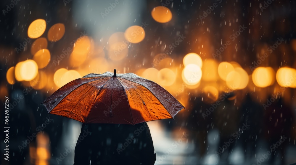 A person holding an umbrella in the rain at night. A Rainy Day with a Person Seeking Shelter Under an Umbrella.