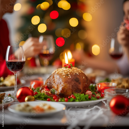 A Christmas food photo focuses on the food on the table, with the turkey blurred on the outside. Christmas food pictures, Thanksgiving food pictures