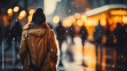 A person walking down a street in the rain without an umbrella. A Wet Walk in the City