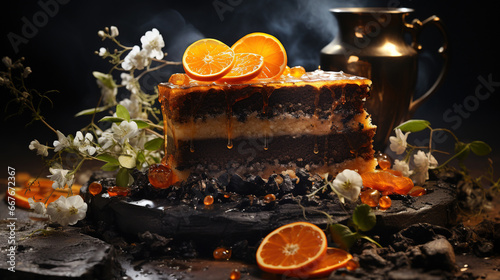 Dripping Chocolate Syrup on Dark Decorated Fruit Cake With and Moody Food Photography Selective Focus Background