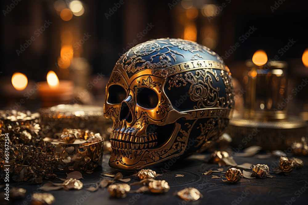 Ornate Skull Amidst Treasure in Mysterious Ambiance Ornate Skull Amidst Treasure in Mysterious Ambiance