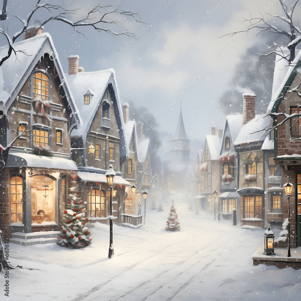 A winter sketch of a cozy town with small houses at dusk with lights on inside and outside, it is snowing, and there is a lot of white fluffy snow. The streets are decorated for Christmas.