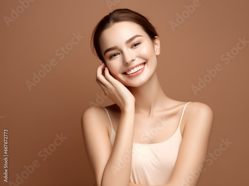 a woman with clean skin touches her cheeks with her hand. Perfect facial skin concept.