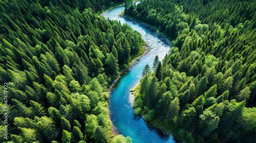 Top view of blue river in the green forest.