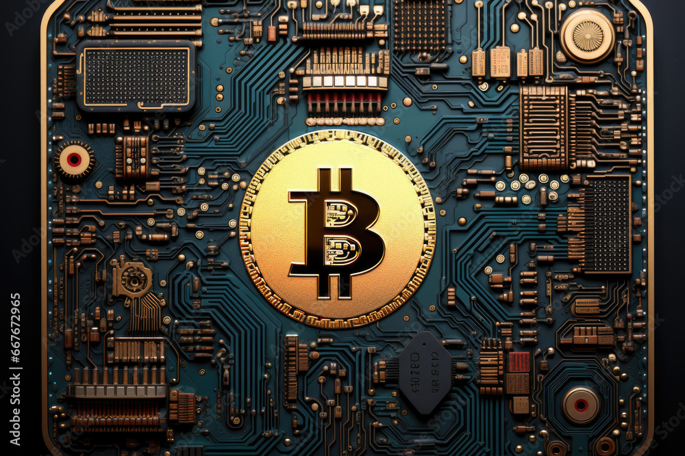 Fototapeta premium Abstract motherboard with bitcoin