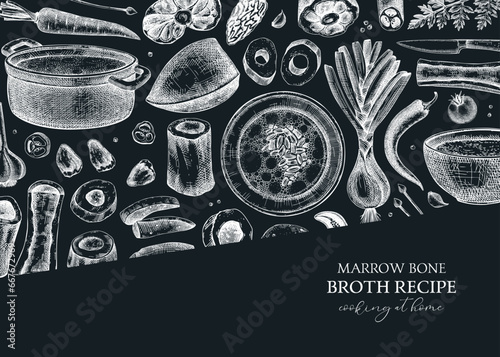 Healthy food background. Marrow bone broth frame. Hot soup on plates, pans, bowls, organ meat, vegetables, marrow bones sketches. Hand drawn vector illustrations. Homemade food on chalkboard