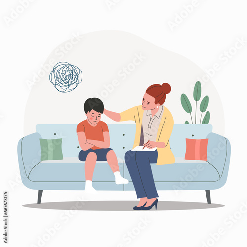 Child psychiatrist work with small boy on the sofa. Psychological support. Doldrums concept. Vector flat cartoon  illustration
