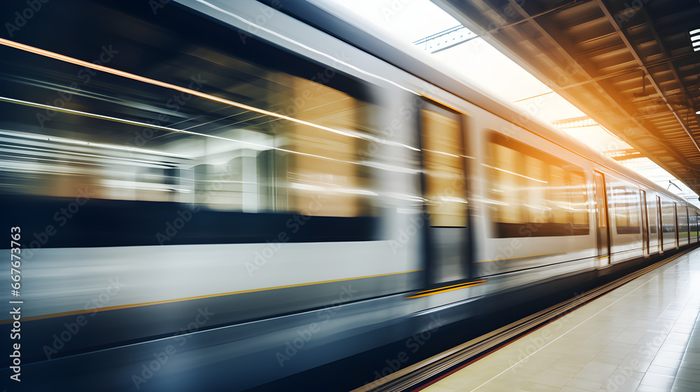 A blurred modern train swiftly moves through a train station. A blurred modern train swiftly moves through a train station.