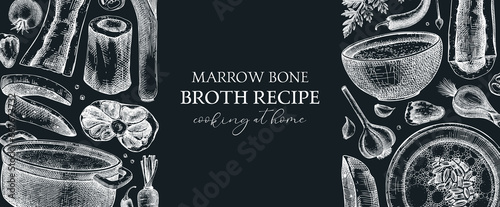 Healthy food background. Marrow bone broth banner. Hot soup on plates, pans, bowls, organ meat, vegetables, marrow bones sketches. Hand drawn vector illustrations. Homemade food on chalkboard