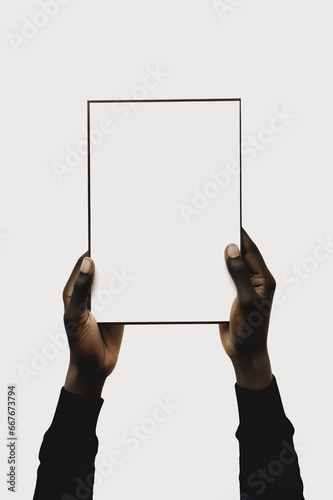 African American man holding an empty framed sheet on a clean white background.