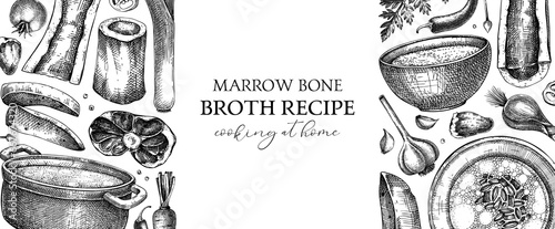 Healthy food background. Marrow bone broth banner. Hot soup on plates, pans, bowls, organ meat, vegetables, marrow bones sketches. Hand drawn vector illustrations. Homemade food ingredient photo