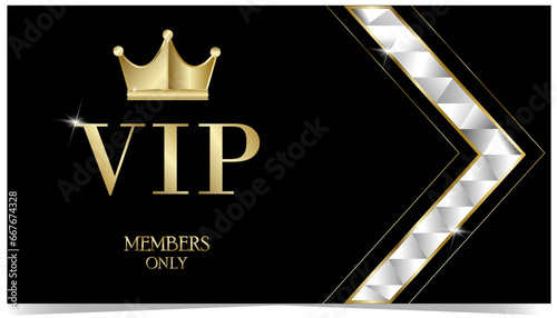 Golden elegant vip card template.Royal design with golden crown. A modern business card for members only. Luxurious abstract invitation on a black background with glass elements. Vector illustration.
