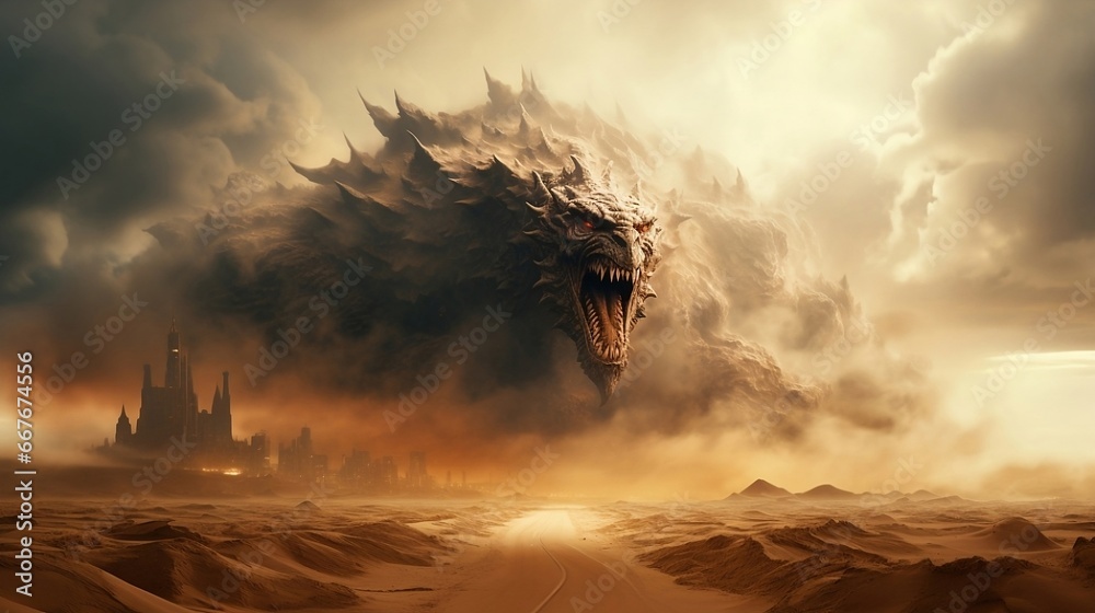 Φωτογραφία Fantasy scene of monstrous sandstorm in the sape of giant dragon.