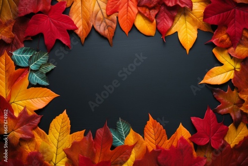 Rustic frame autumn leaves forest. October season. Generate Ai