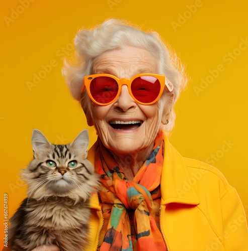 Joyful Moments: Happy Older Woman with Bright Sunglasses and Her Beloved Cat in a Colorful Studio © Jomar