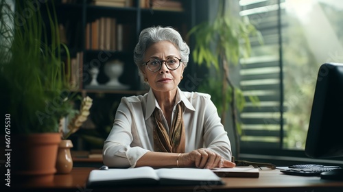 photo of a beautiful old woman sitting at office, 16:9, copy space