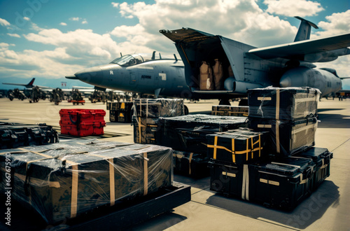 Military Lend lease. Sending military aid. Loading military aircraft with ammunition. AI Generated photo