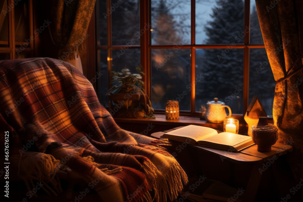 A warm reading nook with books, a warm blanket. Generative Ai A warm reading nook with books, a warm blanket. Generative Ai