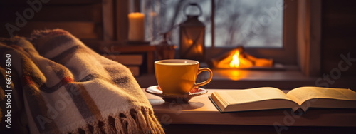 A cozy reading nook with books, a warm blanket, and a steaming cup of tea. Winter banner concept. Generative Ai