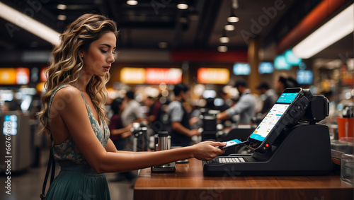 A pretty woman paying with a smartphone at a self-service checkout photo