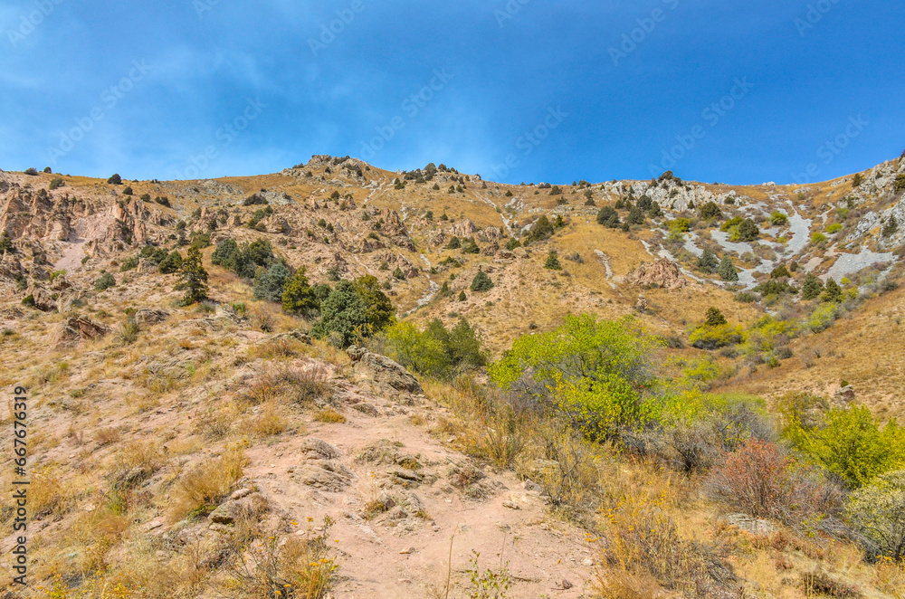 scenic view from Sandy Pass trail in Chimgan mountains (Bostanliq district, Tashkent region, Uzbekistan)