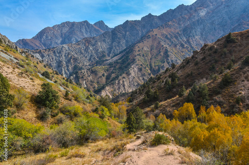 Greater Chimgan scenic view from Sandy Pass trail in Chimgan mountains (Bostanliq district, Tashkent region, Uzbekistan)