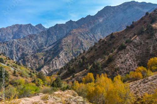 Greater Chimgan scenic view from Sandy Pass trail in Chimgan mountains (Bostanliq district, Tashkent region, Uzbekistan) © ssmalomuzh