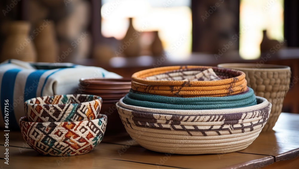 Obraz premium Colorful woven baskets on a wooden table with clay pots in the background. Ecolodge house interior.