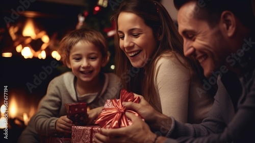 Joyful family unwrapping gifts by the warm fireplace, with Christmas tree lights twinkling in the background.