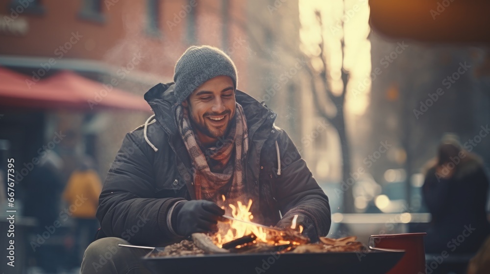 Cheerful man in winter attire enjoying warmth from an open fire in an urban setting during dusk.