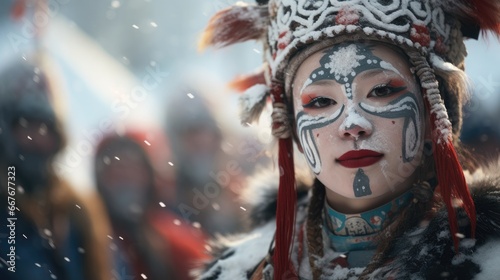 A person in detailed face paint and snow-covered headdress, with red accents, gazes thoughtfully amidst a snowy backdrop, with blurred figures behind.