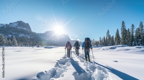 Three adventurers trekking through pristine snow with a backdrop of a sunlit mountain and dense evergreen forest.
