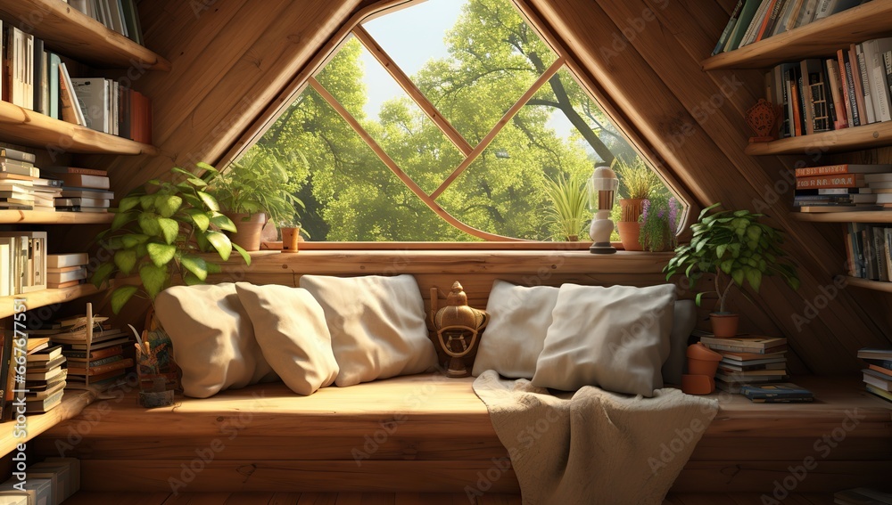 Spacious atmospheric attic with bookshelves, plants, and a large triangular window overlooking greenery. Ecolodge house interior.