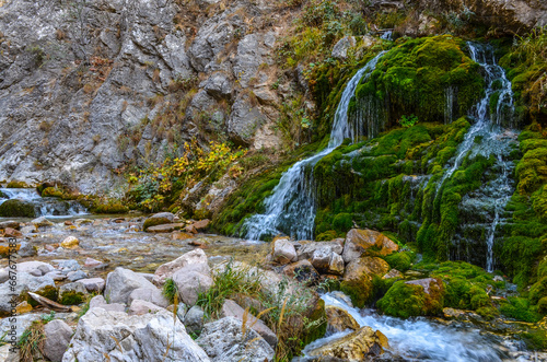 rapids and waterfalls on Gulkamsay creek in Chimgan mountains (Bostanliq district, Tashkent region, Uzbekistan) photo