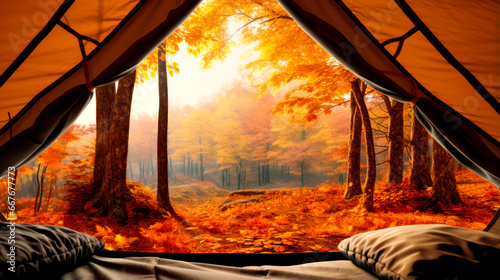 Traveler holding coffee relaxing inside a orange tent and enjoy the view of sunset on pine forest in national park. AI Generated photo