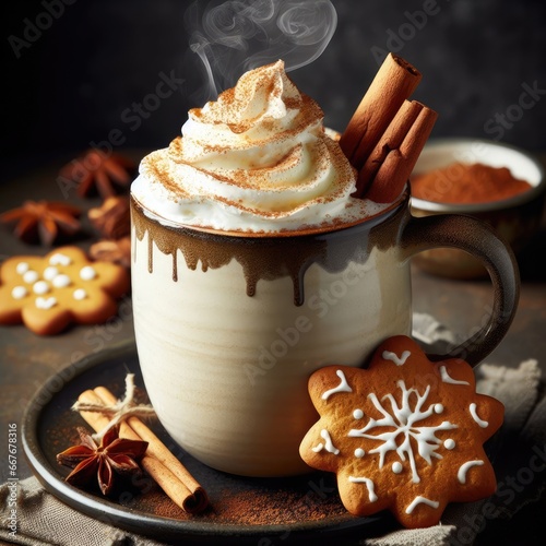 coffee with cinnamon and chocolate and christmas cokies christmas background photo