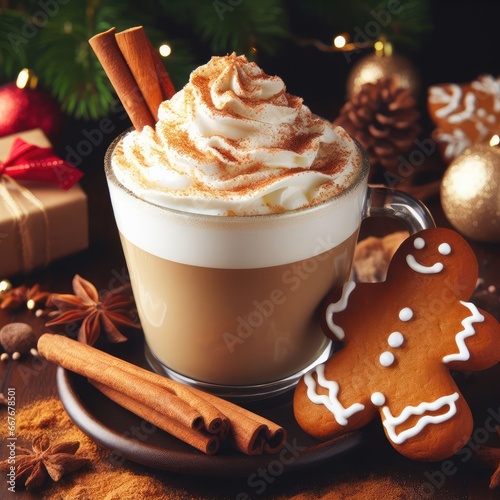 coffee with cinnamon and chocolate and christmas cokies christmas background photo