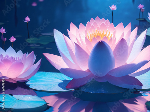 Fantastic waterlily lotus pink purple color floating on pond