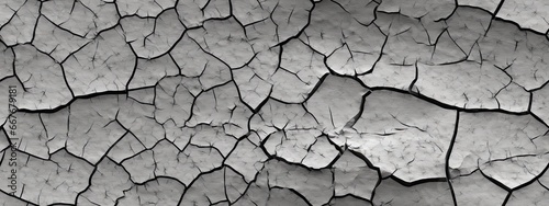 Seamless broken cracks background texture. Tileable stained peeling paint craquelure crackle pattern greyscale grunge overlay. Barren drought wallpaper, dry desert backdrop.