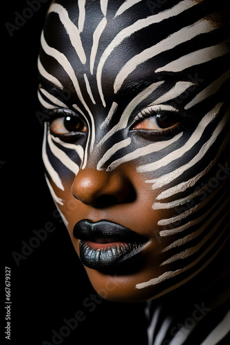 Photo of woman s face painted with zebra stripes. Close up.