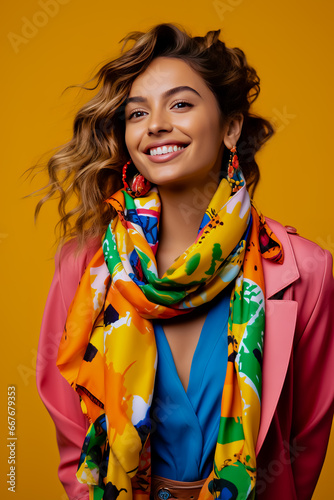 A cheerful young woman with a colorful scarf around her neck.