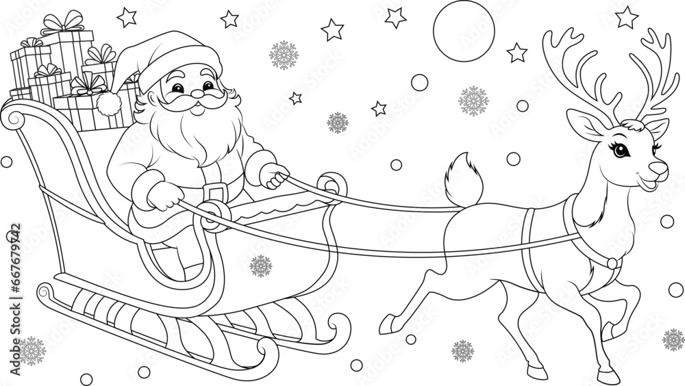 Coloring page reindeer pulling Santa's sleigh through the night sky.
