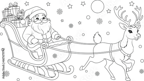 Obraz na płótnie Coloring page reindeer pulling Santa's sleigh through the night sky. w salonie