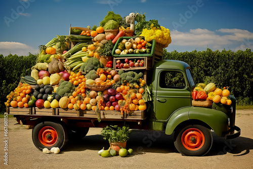 Retro truck filled with different kinds of vegetables. Harvesting concept.